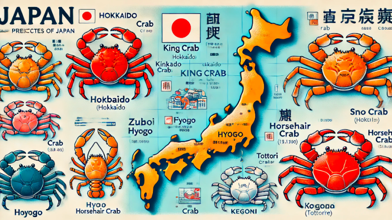 : 「日本の地図でカニの主要産地である北海道、福井、兵庫、鳥取が強調されています。それぞれの地域で異なる種類のカニが獲れることが示されています。」